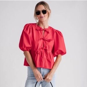 NWT Olivaceous Front Tie Puff Sleeve Top in Red